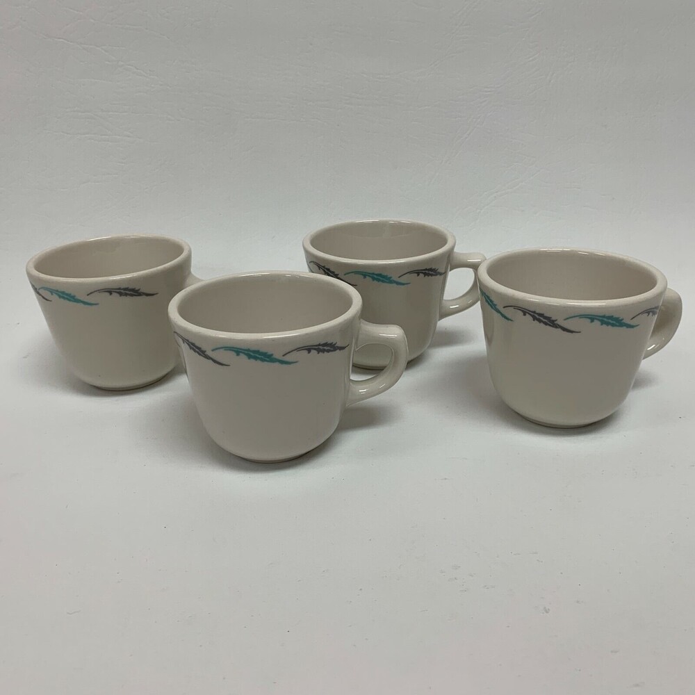 Homer Laughlin Cups Mugs Best China Turquoise Blue Gray Leaves RA1111 Lot of 4